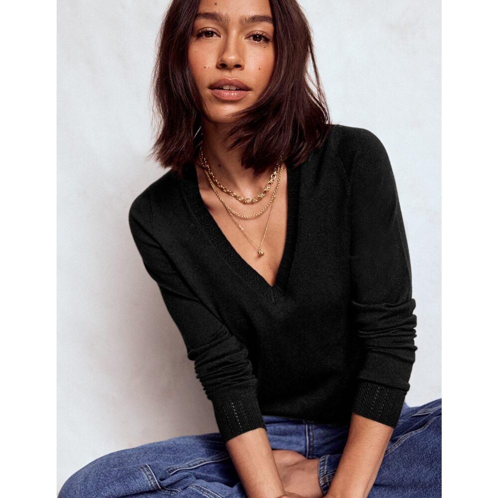 Boden Womens Black Cotton Blend Emilia V-Neck Sweater Large